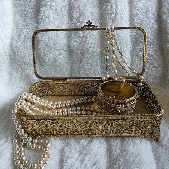 Vintage 24k Gold Plated Jewelry Box with Glass Cover.